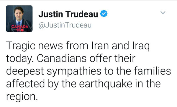 همدردی نخست‌ وزیر کانادا با زلزله‌ زدگان