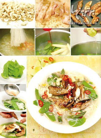 سوپ نودل و سبزي‌ها با مرغ آسيايي