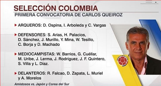 اولین لیست کی‌روش برای تیم ملی کلمبیا