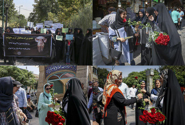 اهدای گل به بانوان در بازار تهران