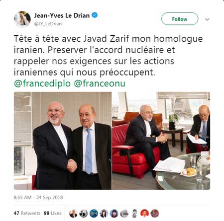 توئیت وزیر خارجه فرانسه درباره دیدار با ظریف