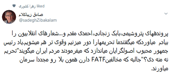 زیباکلام: مخالفین FATF مانند احمدی‌نژاد هستند