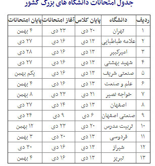 تقویم امتحانی دانشگاه های بزرگ منتشر شد