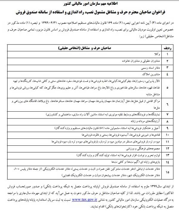 اسامی اصناف جدید برای نصب کارتخوان اعلام شد