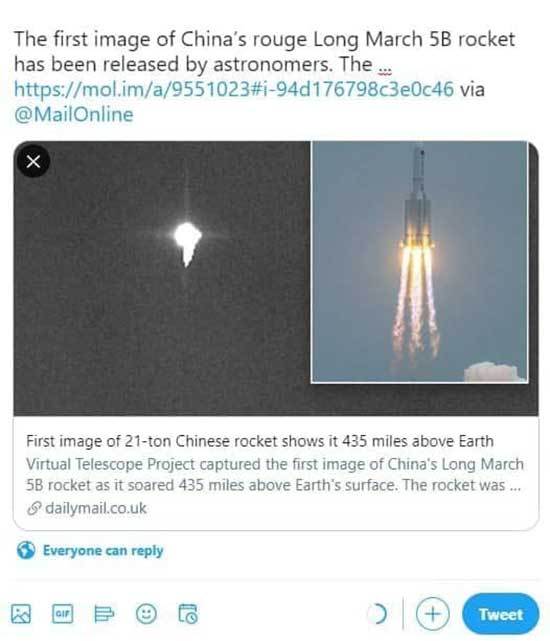تصویرِ موشک چینی در حال نزدیک شدن به زمین
