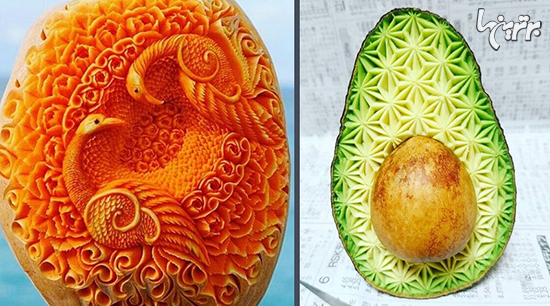 حکاکی طرح‌های ظریف و موزاییکی روی میوه‌ها و سبزیجات