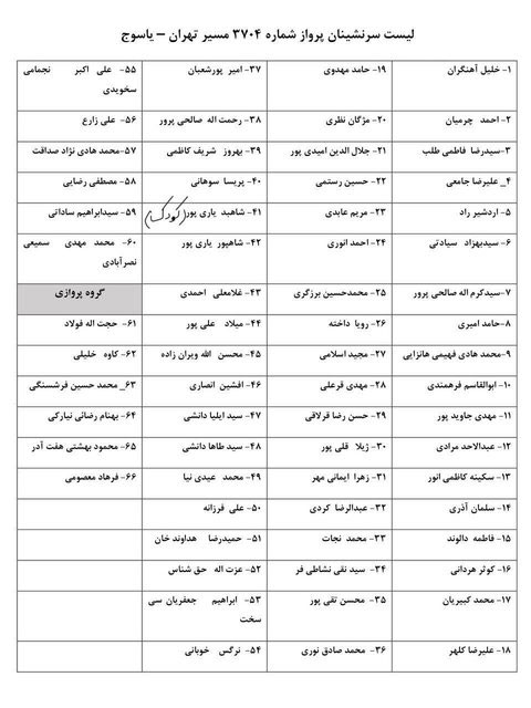 انتشار لیست کامل مسافران پرواز تهران - یاسوج