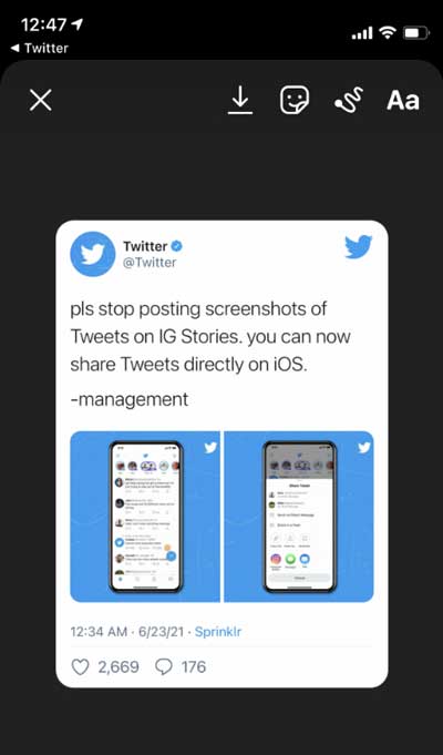 امکان اشتراک‌گذاری توئبت در استوری‌ اینستاگرام