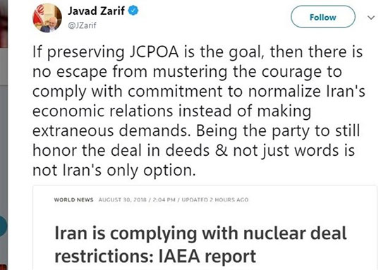 ظریف: پایبندی به برجام، تنها گزینه ایران نیست